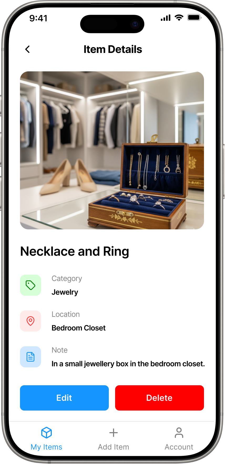 iFoundIt App mobile interface on smartphone displaying organized inventory